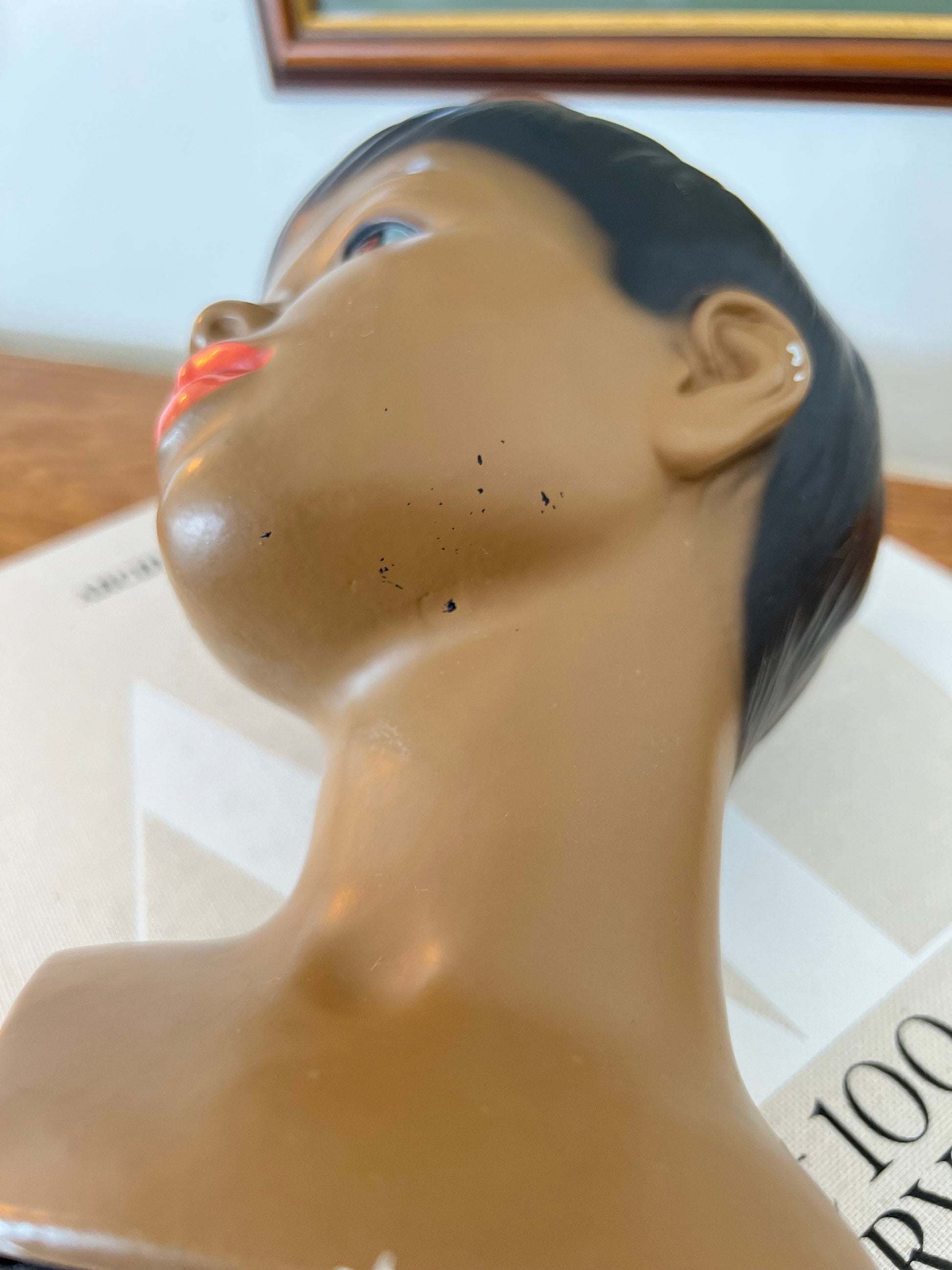 Vintage Chalkware Head Bust Sculpture by Marwal Industries, Mid Century Decor, Library Shelf Decor, Lady in Red Lipstick, Brown Skin Tone