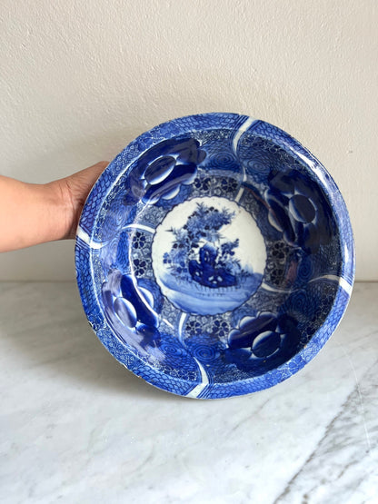 Antique Japanese Arita Bowl: 19th Century Blue and White Domburi (Flawed)