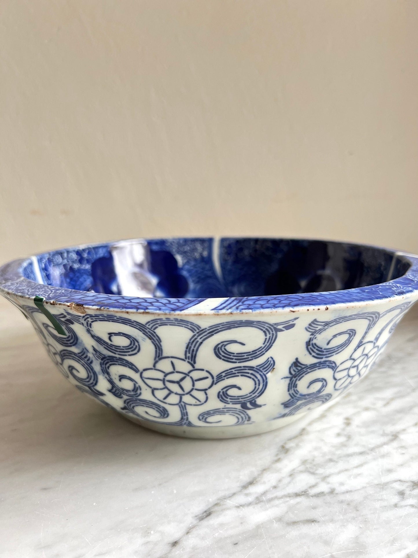 Antique Japanese Arita Bowl: 19th Century Blue and White Domburi (Flawed)