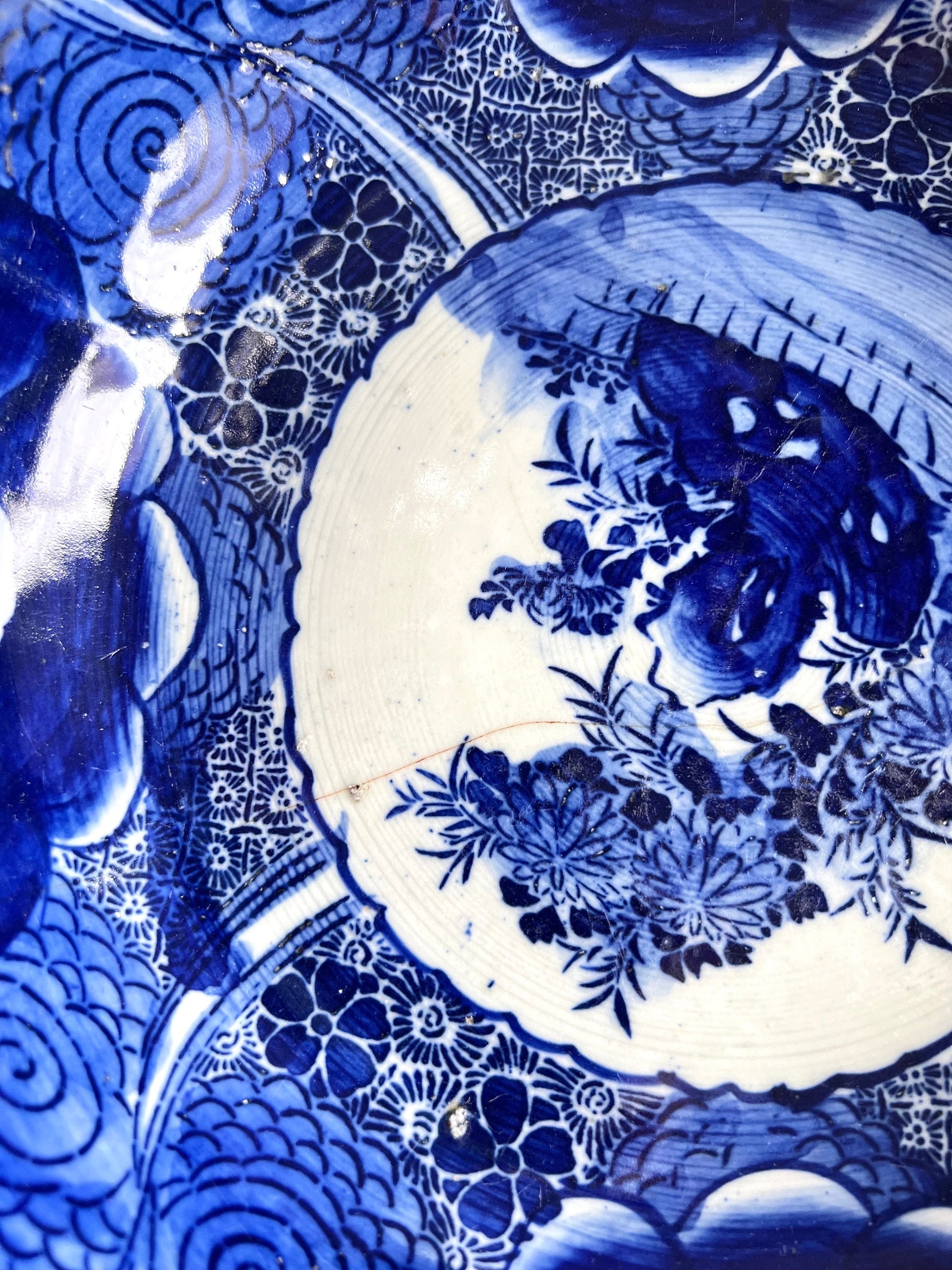 Antique Japanese Arita Bowl: 19th Century Blue and White Domburi (Flawed)
