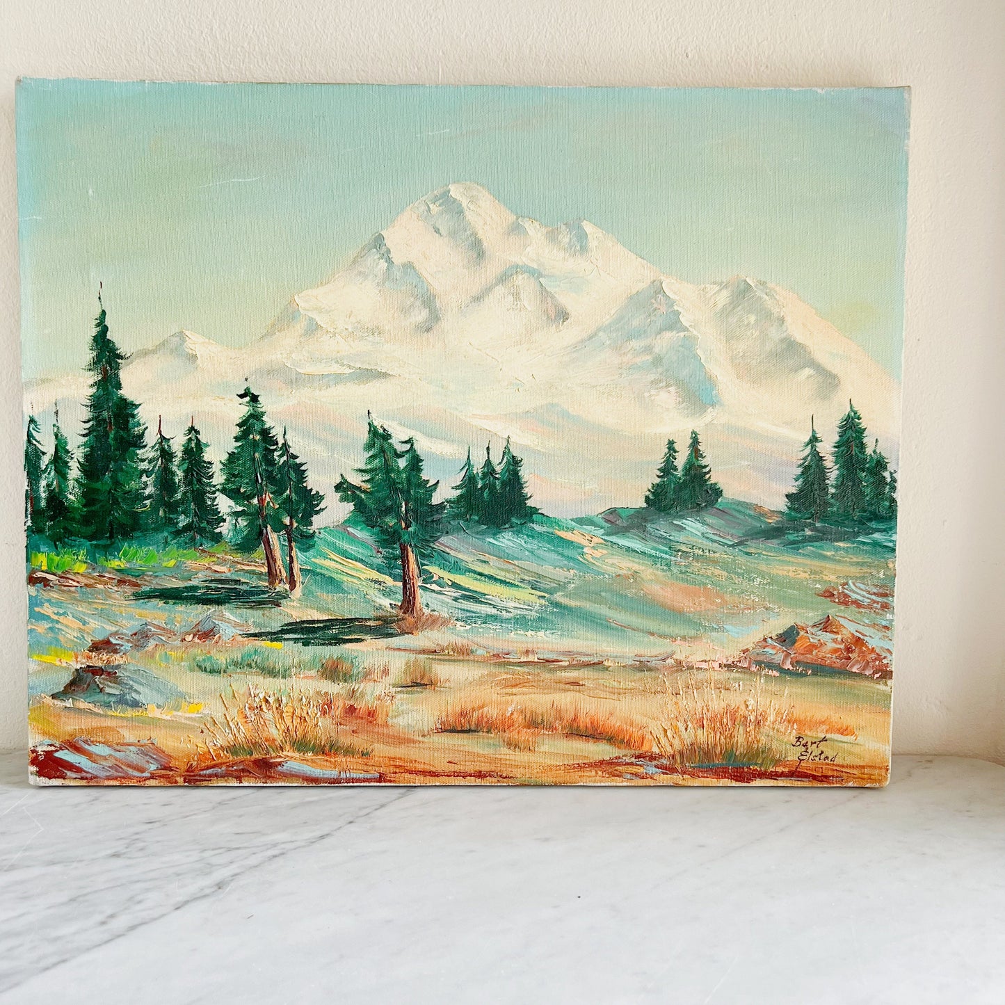 Bert Elstad Painting: Vintage Mid-Century Mountain Landscape Oil on Canvas