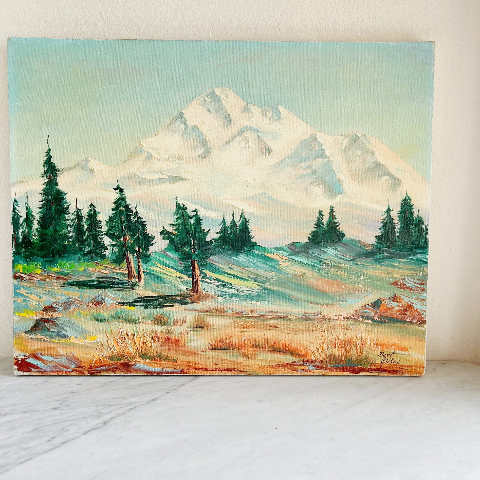 Bert Elstad Painting: Vintage Mid-Century Mountain Landscape Oil on Canvas