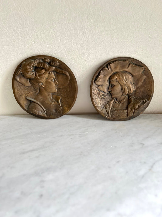 Vintage Bronze Wall Plaques – Art Nouveau Him & Her Portraits, Signed Artist, Ready to Hang