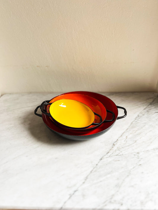 Vintage Huta Silesia 3 Enamel Saute Pans, Nesting Paella Pots Made in Poland,Camping Outdoor Eating, Al Fresco Dining, 3 Piece Cookware Set