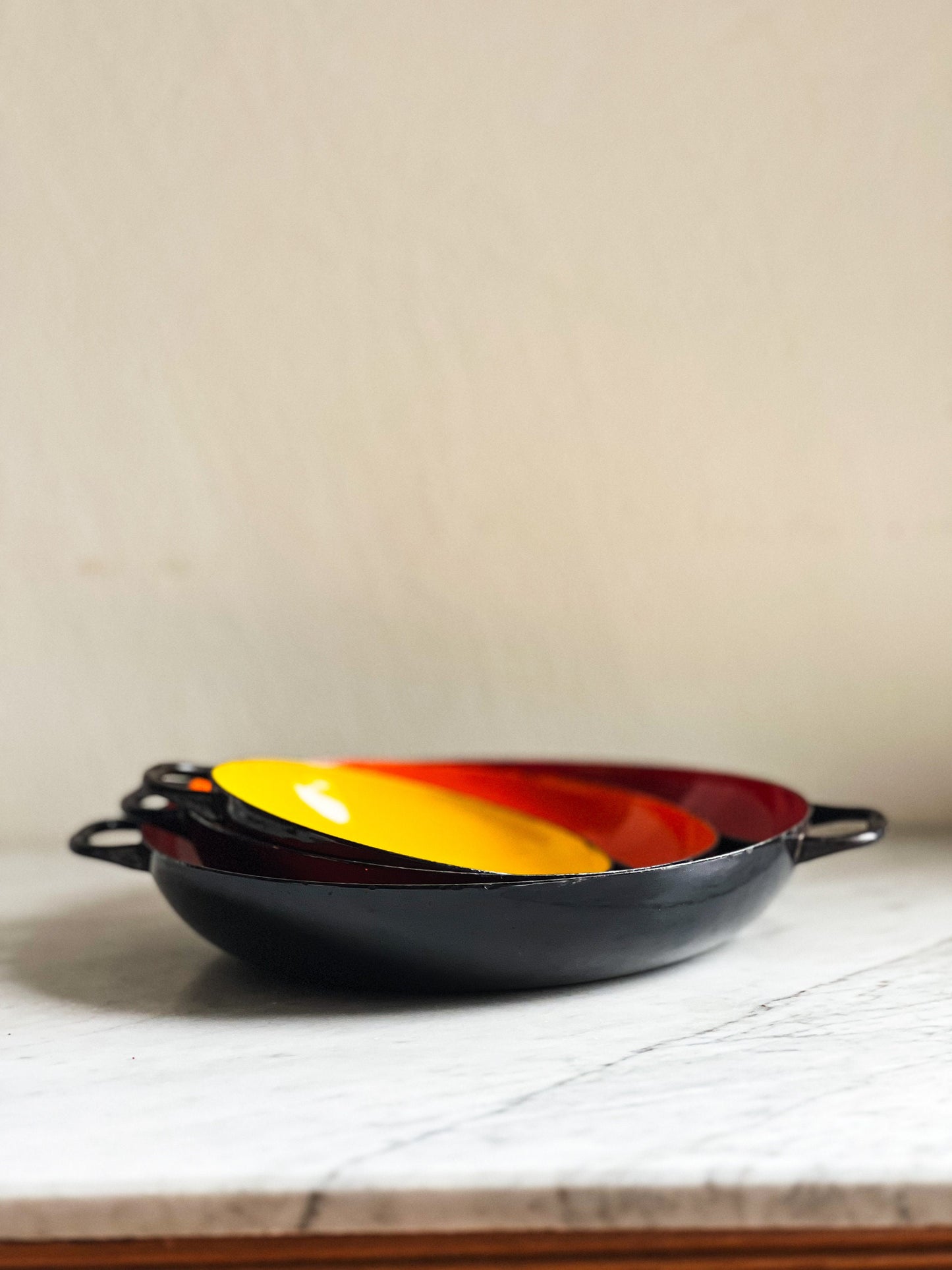 Vintage Huta Silesia 3 Enamel Saute Pans, Nesting Paella Pots Made in Poland,Camping Outdoor Eating, Al Fresco Dining, 3 Piece Cookware Set