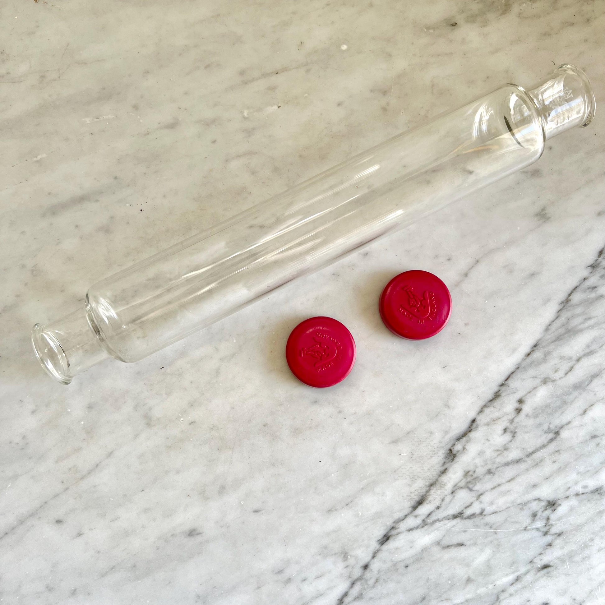 JAJ Pyrex Glass Pastry Rolling Pin with Red end caps, Collectible Pyrex Glass, 13" Hollow Glass, Made in England, Birthday Gift