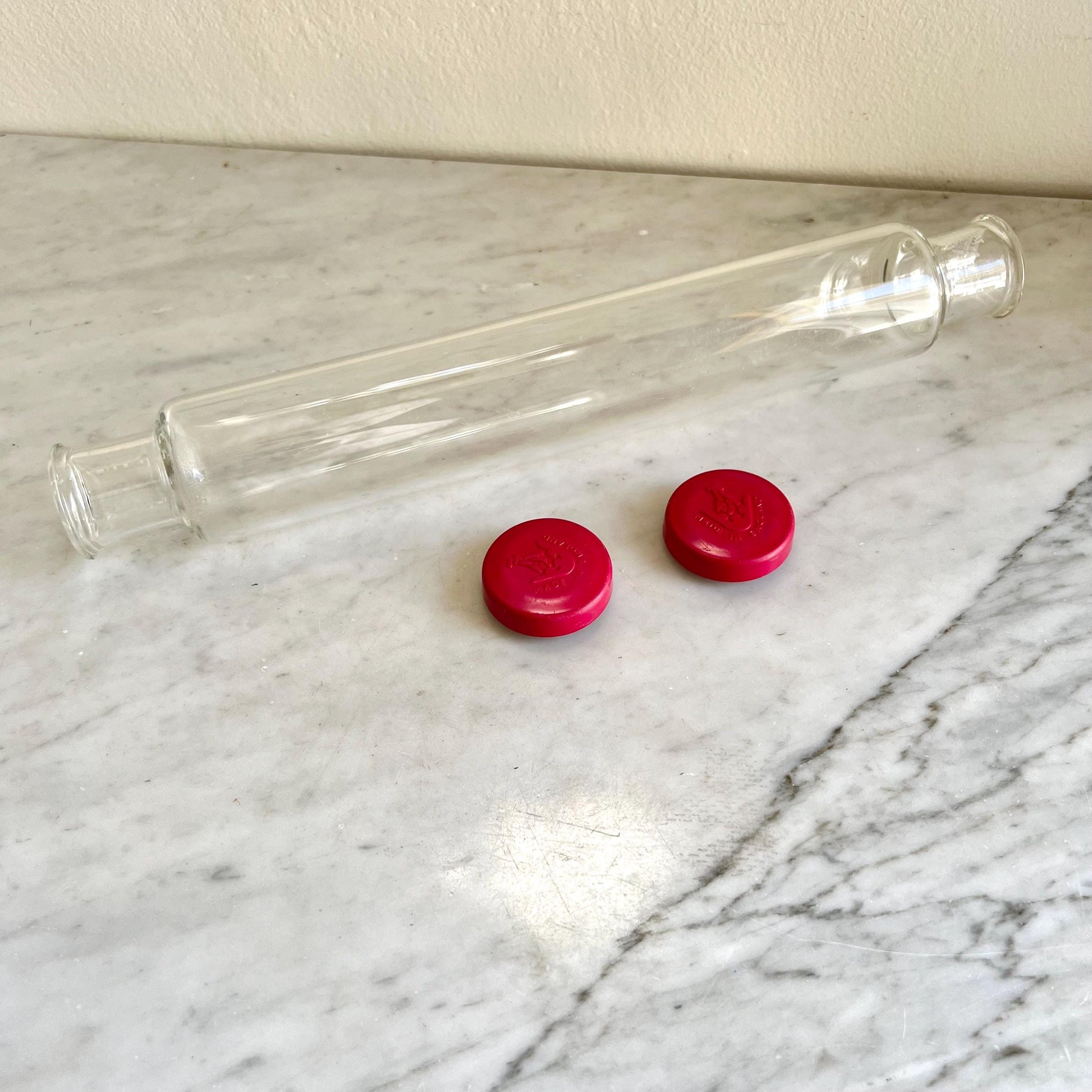 JAJ Pyrex Glass Pastry Rolling Pin with Red end caps, Collectible Pyrex Glass, 13" Hollow Glass, Made in England, Birthday Gift