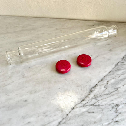 JAJ Pyrex Glass Pastry Rolling Pin with Red end caps, Collectible Pyrex Glass, 13" Hollow Glass, Made in England, Birthday Gift