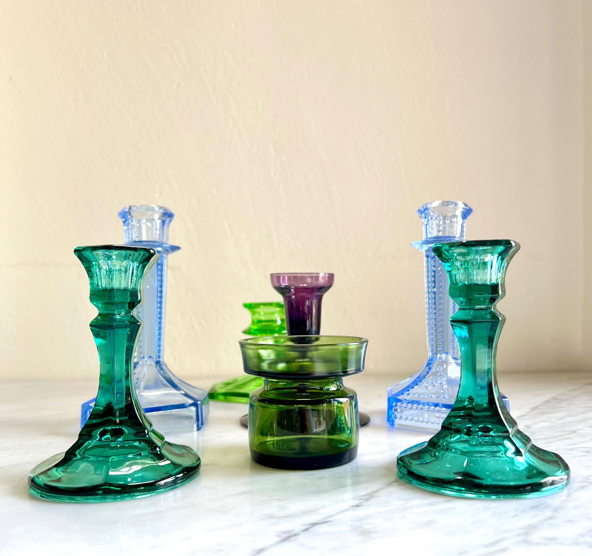 Vintage Candle Holders in Multiple Styles. Vintage Glass Candlestick Holders. Art Deco Taper Candleholders . Depression Glass Candle Holders