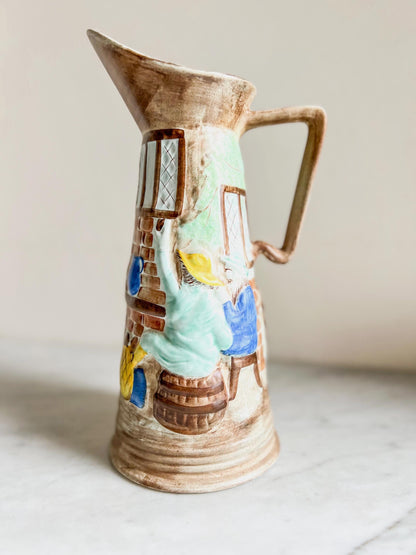 Vintage H J Wood Pitcher Vase – Hand Painted Tavern Scene, Raised Relief, British Pottery