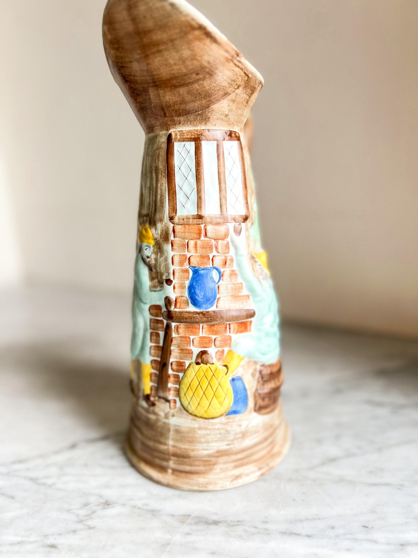 Vintage H J Wood Pitcher Vase – Hand Painted Tavern Scene, Raised Relief, British Pottery