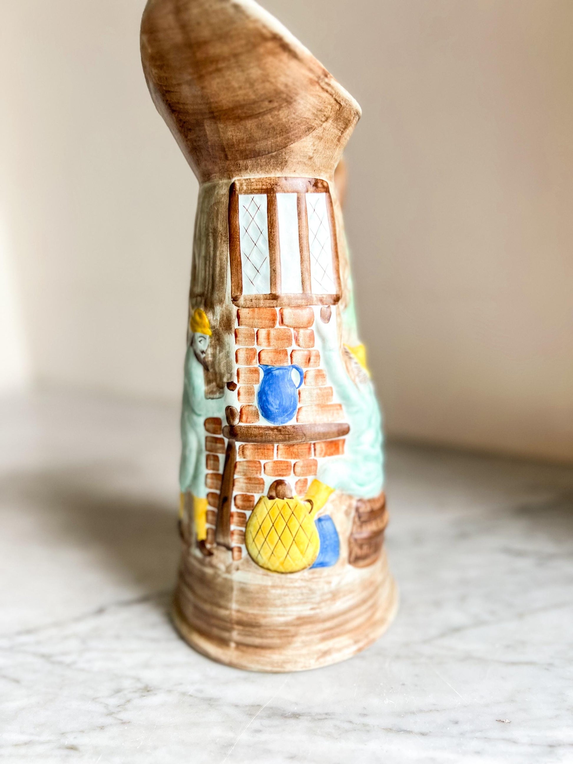 Vintage H J Wood Pitcher Vase – Hand Painted Tavern Scene, Raised Relief, British Pottery