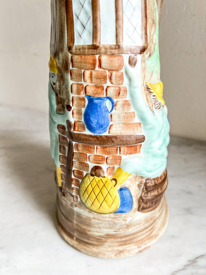 Vintage H J Wood Pitcher Vase – Hand Painted Tavern Scene, Raised Relief, British Pottery