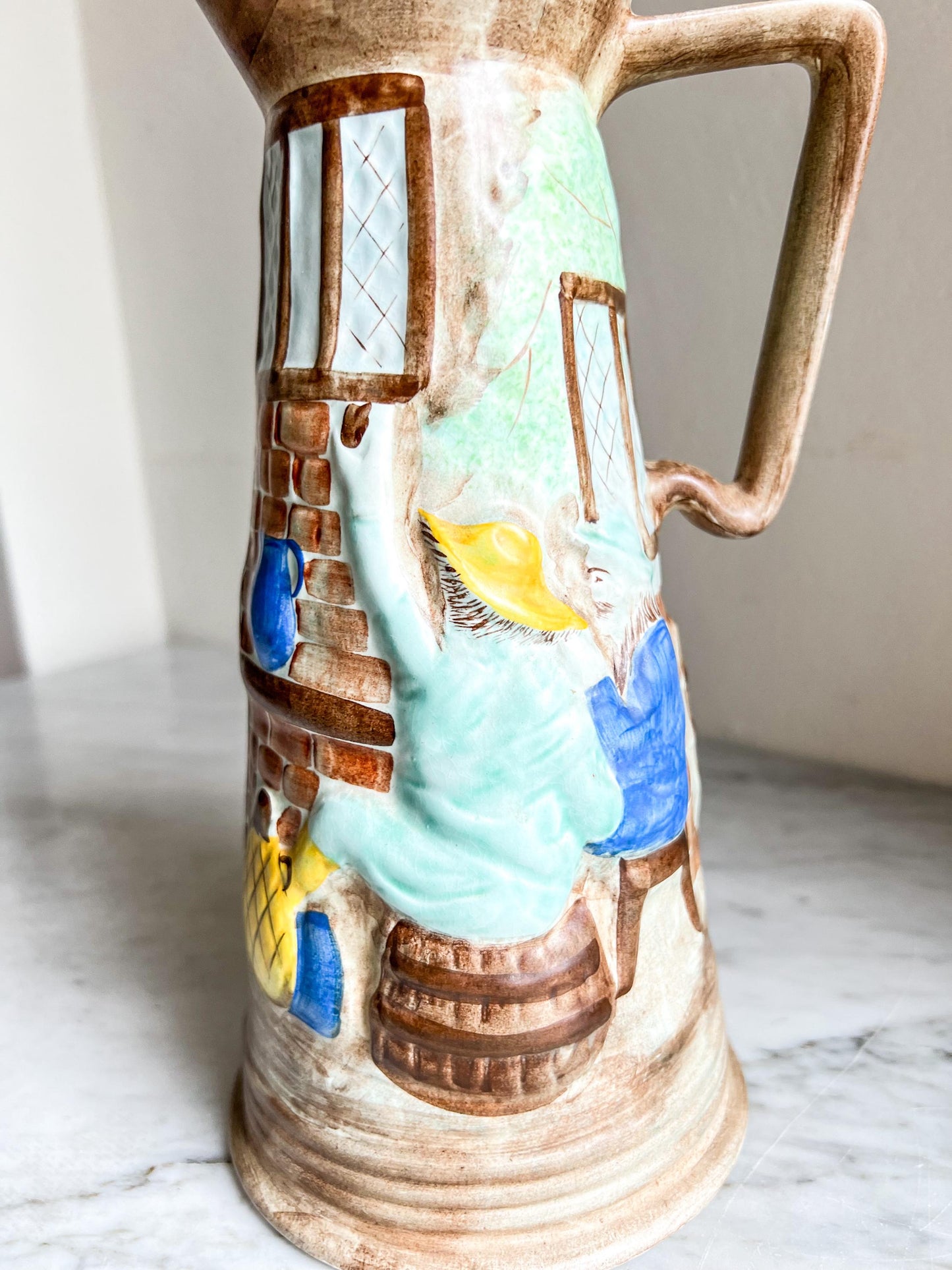 Vintage H J Wood Pitcher Vase – Hand Painted Tavern Scene, Raised Relief, British Pottery