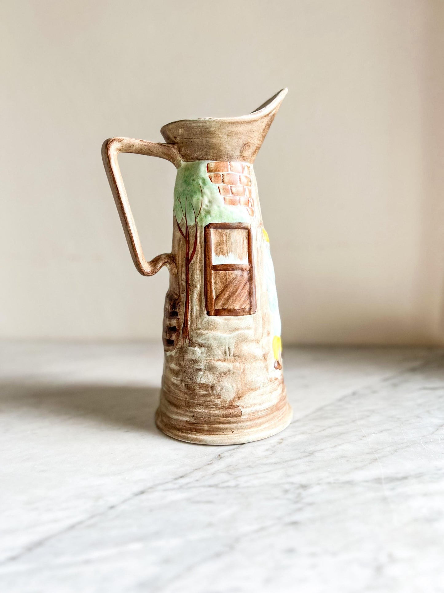 Vintage H J Wood Pitcher Vase – Hand Painted Tavern Scene, Raised Relief, British Pottery