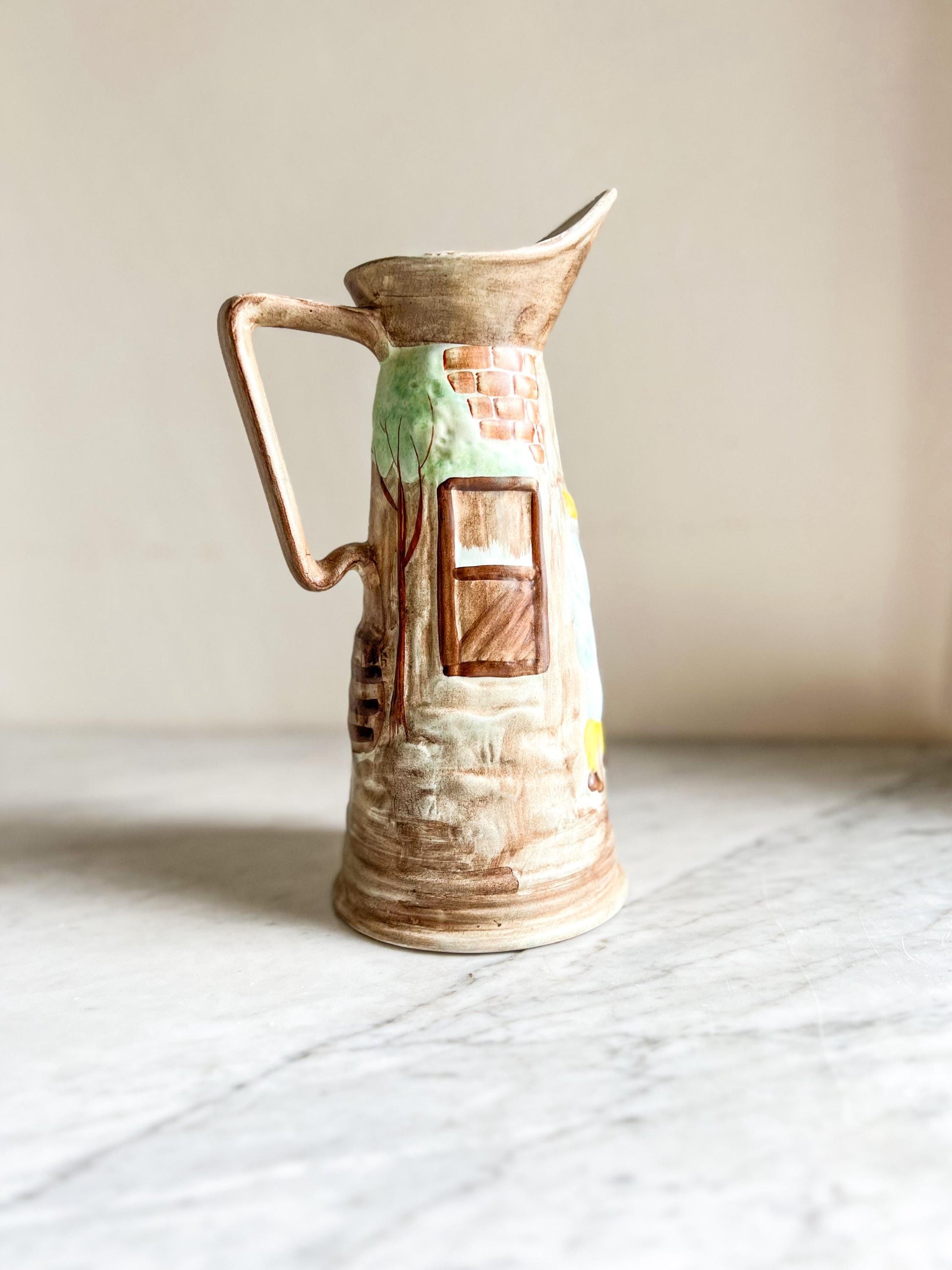 Vintage H J Wood Pitcher Vase – Hand Painted Tavern Scene, Raised Relief, British Pottery