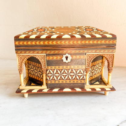 Vintage Inlaid Wooden Marquetry Jewelry Box with Arched Detail – Geometric Mosaic Design