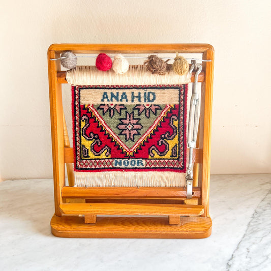 Vintage Miniature Weaving Loom with “Anahid Noor” Woven Panel – Armenian Goddess & Light