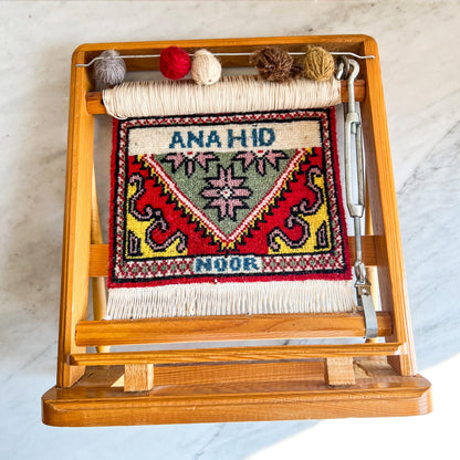 Vintage Miniature Weaving Loom with “Anahid Noor” Woven Panel – Armenian Goddess & Light