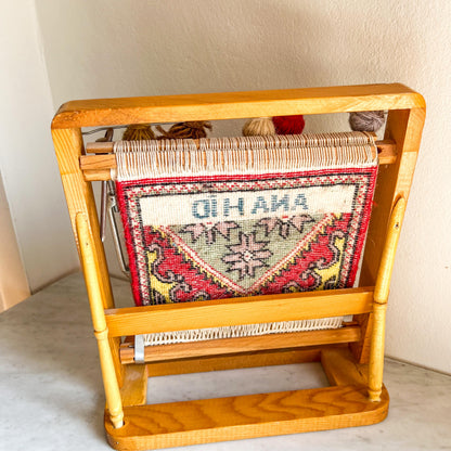 Vintage Miniature Weaving Loom with “Anahid Noor” Woven Panel – Armenian Goddess & Light