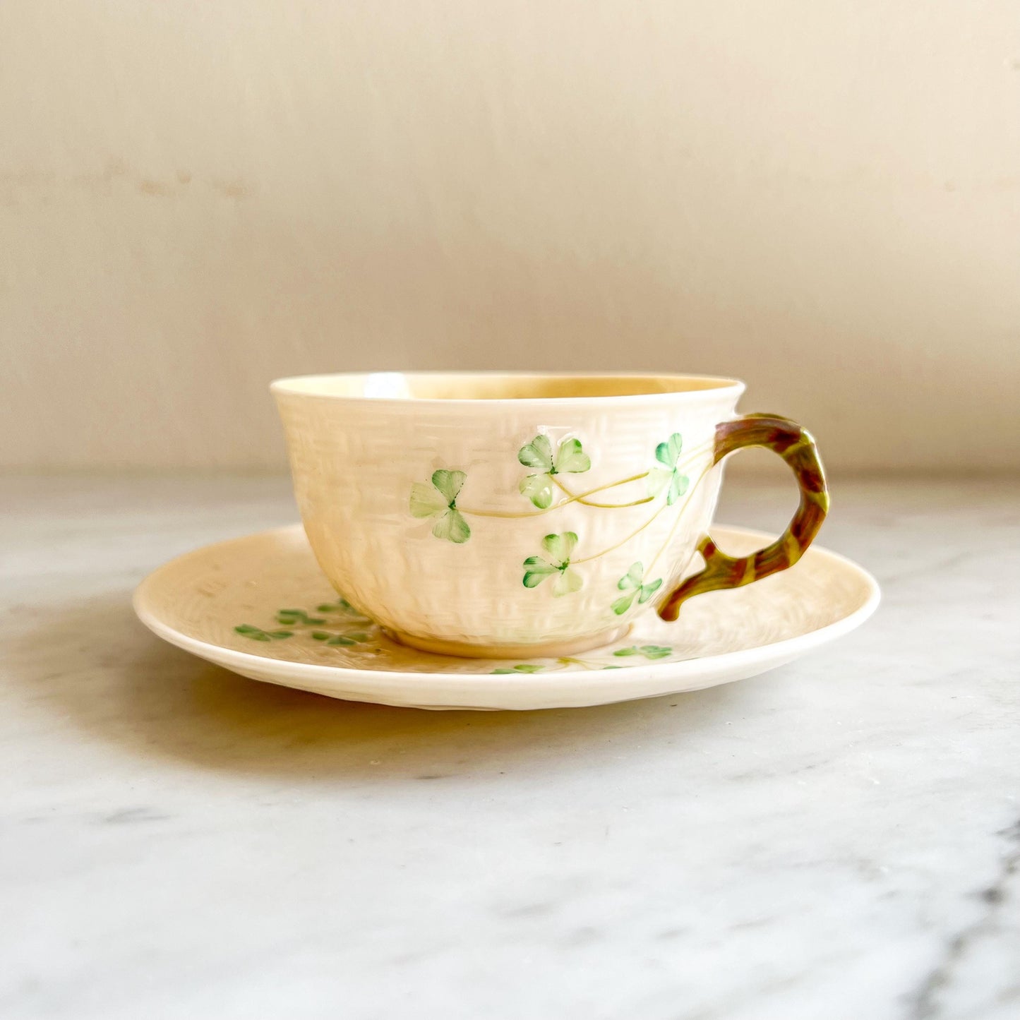 Belleek Shamrock Cup & Saucer, Vintage Irish Porcelain Teacup, Basket Weave and Hand Painted Shamrocks