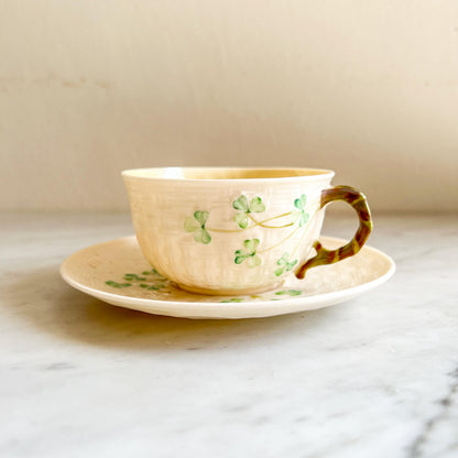 Belleek Shamrock Cup & Saucer, Vintage Irish Porcelain Teacup, Basket Weave and Hand Painted Shamrocks