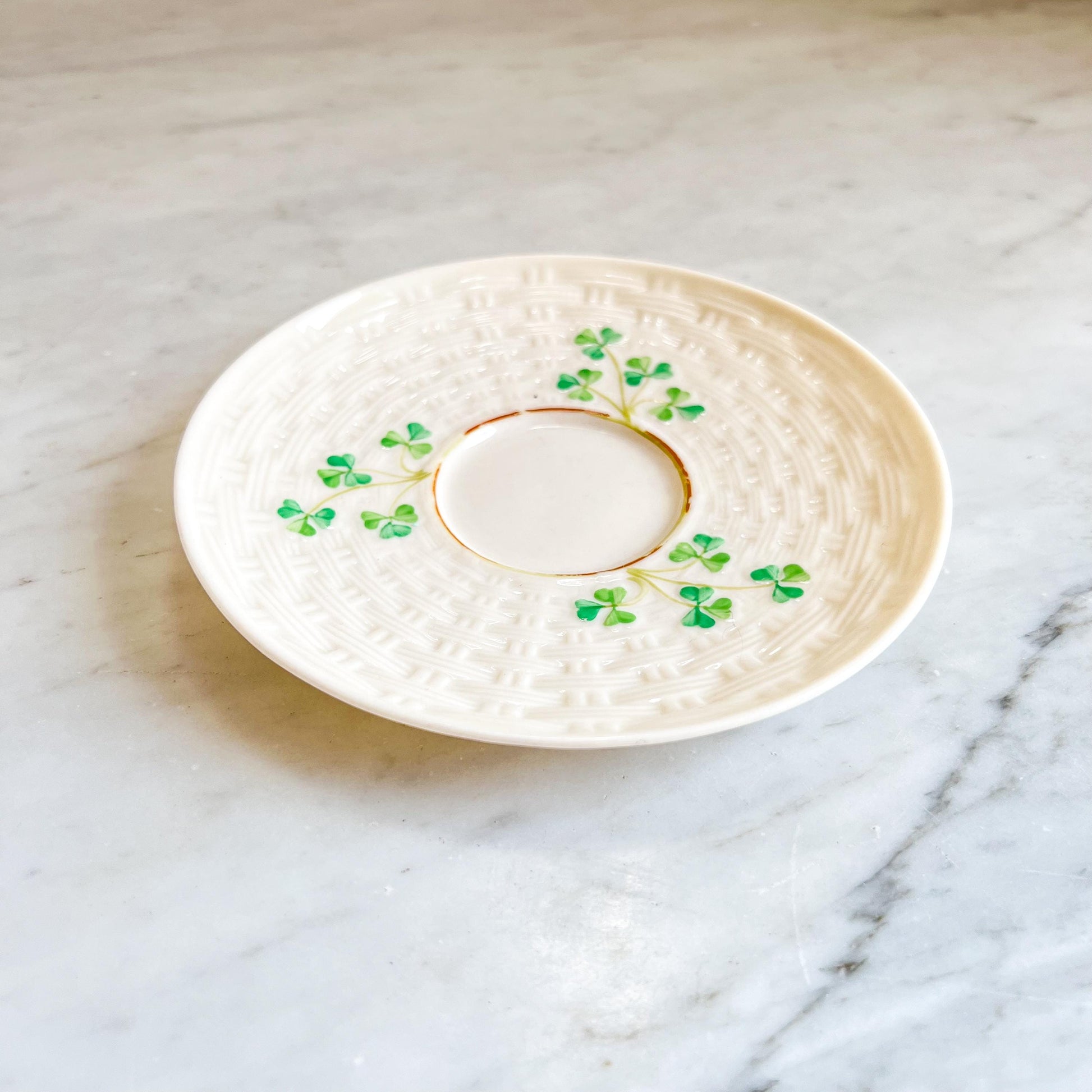 Belleek Shamrock Cup & Saucer, Vintage Irish Porcelain Teacup, Basket Weave and Hand Painted Shamrocks
