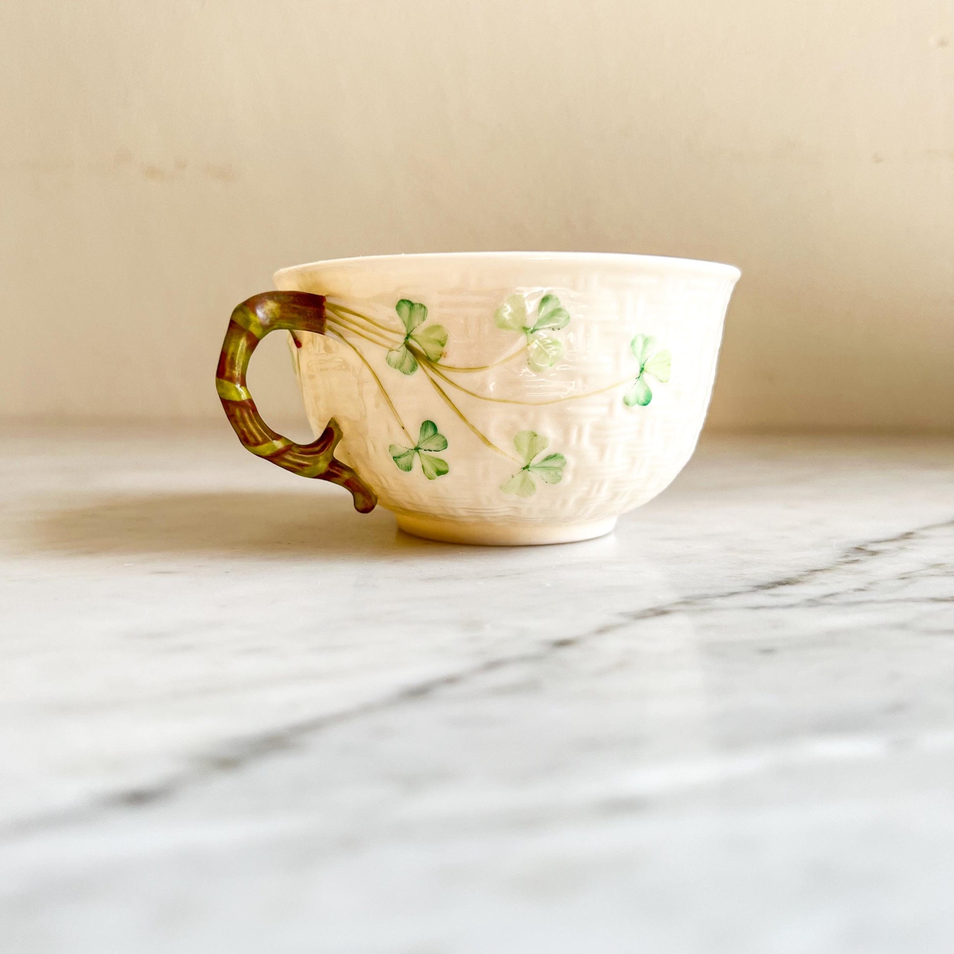Belleek Shamrock Cup & Saucer, Vintage Irish Porcelain Teacup, Basket Weave and Hand Painted Shamrocks