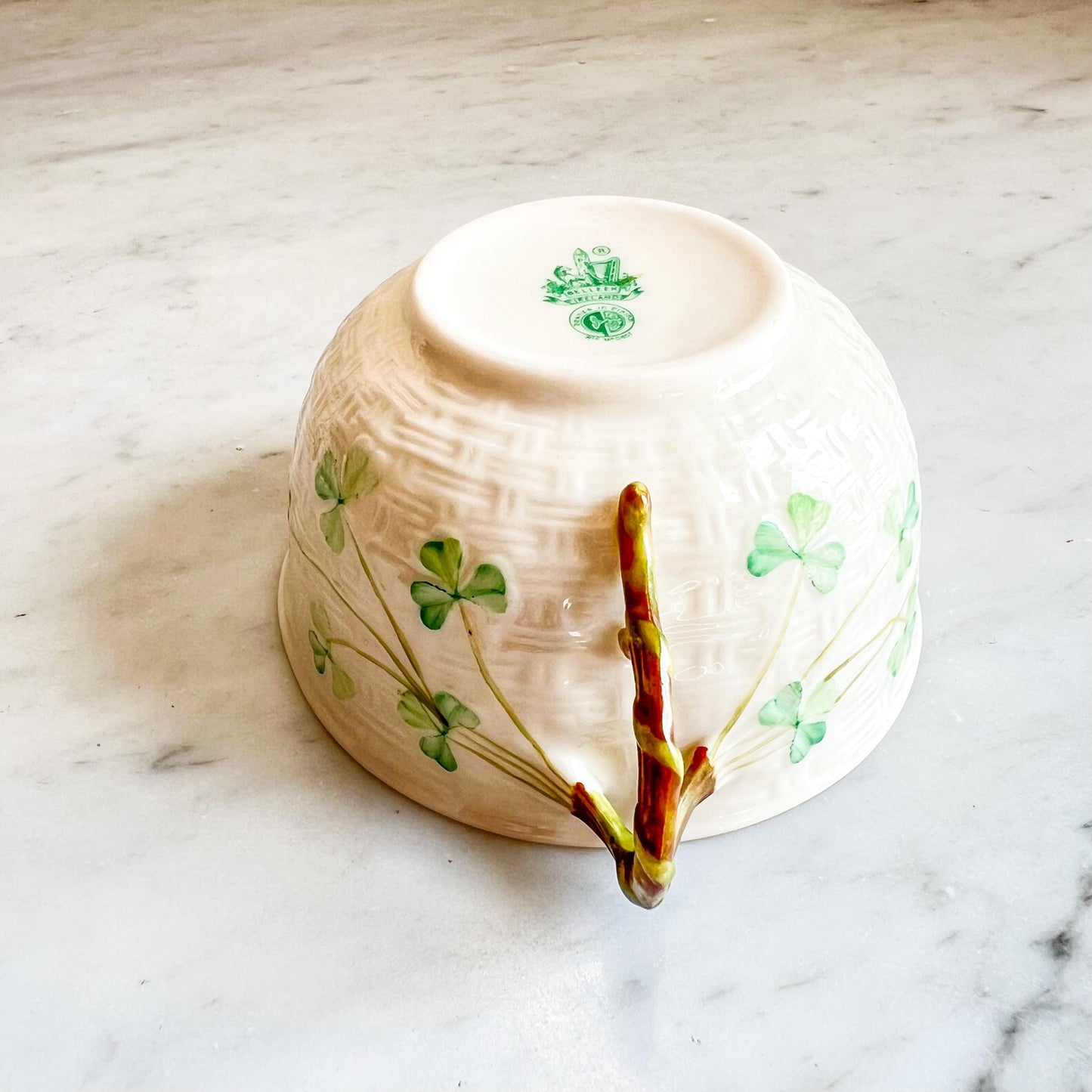 Belleek Shamrock Cup & Saucer, Vintage Irish Porcelain Teacup, Basket Weave and Hand Painted Shamrocks