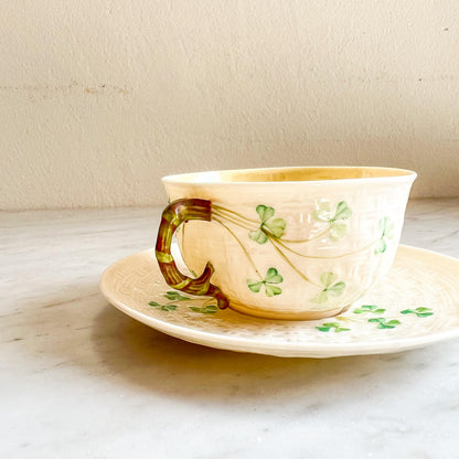 Belleek Shamrock Cup & Saucer, Vintage Irish Porcelain Teacup, Basket Weave and Hand Painted Shamrocks