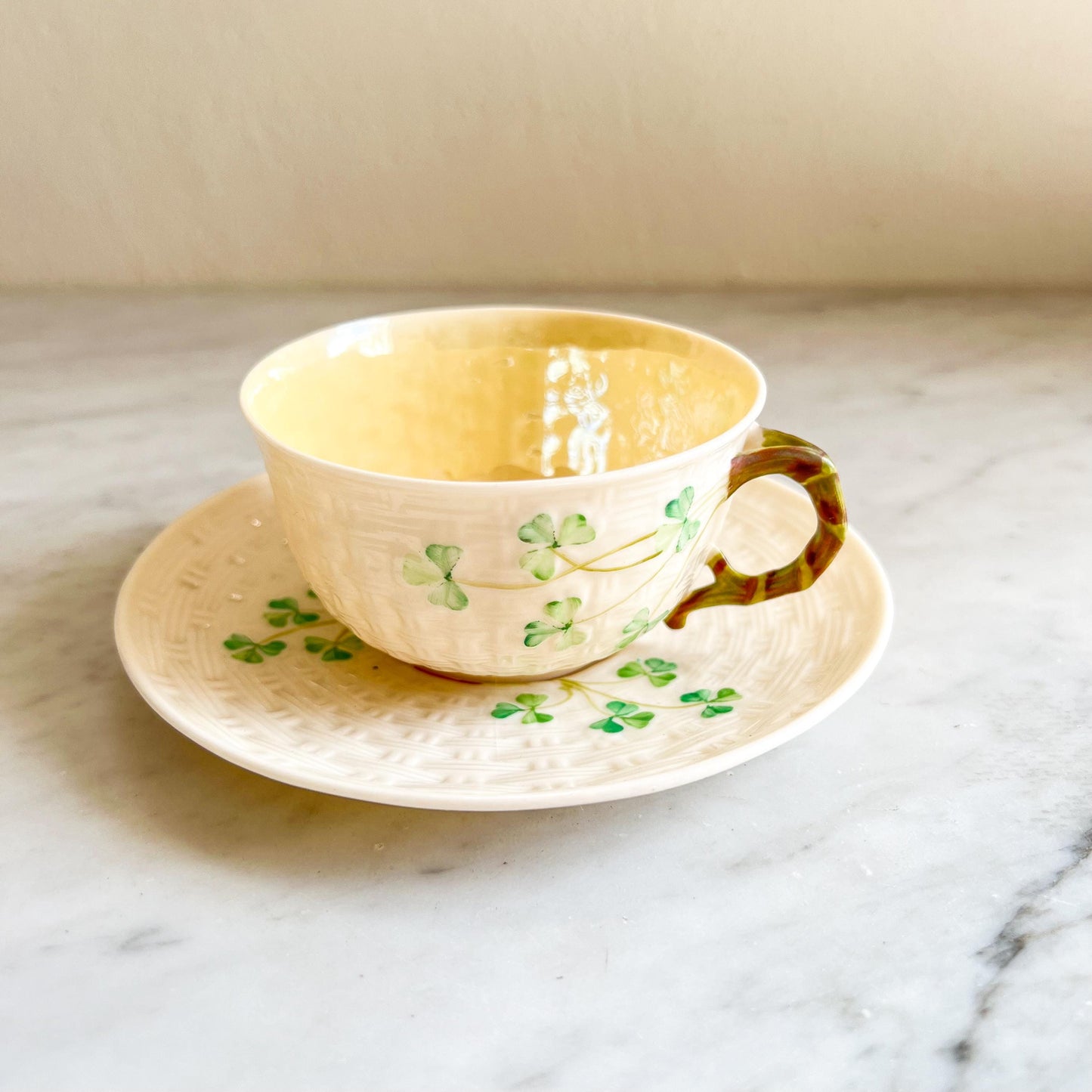 Belleek Shamrock Cup & Saucer, Vintage Irish Porcelain Teacup, Basket Weave and Hand Painted Shamrocks