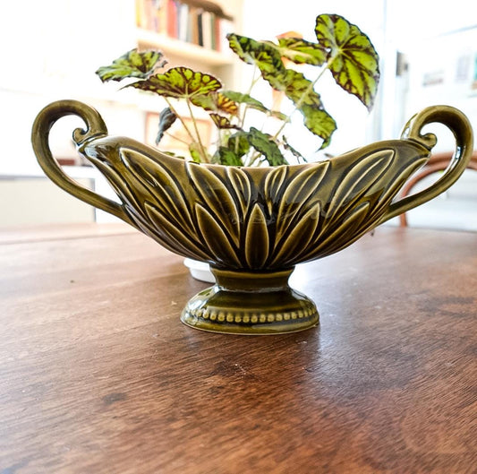 Vintage DevonWay Ceramic Centerpiece Vase: Mid-Century Modern Green Footed Planter