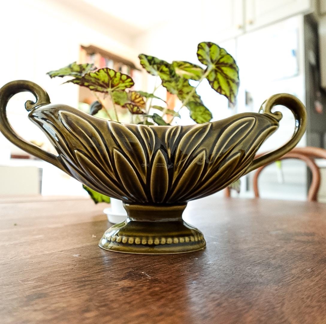 Vintage DevonWay Ceramic Centerpiece Vase: Mid-Century Modern Green Footed Planter