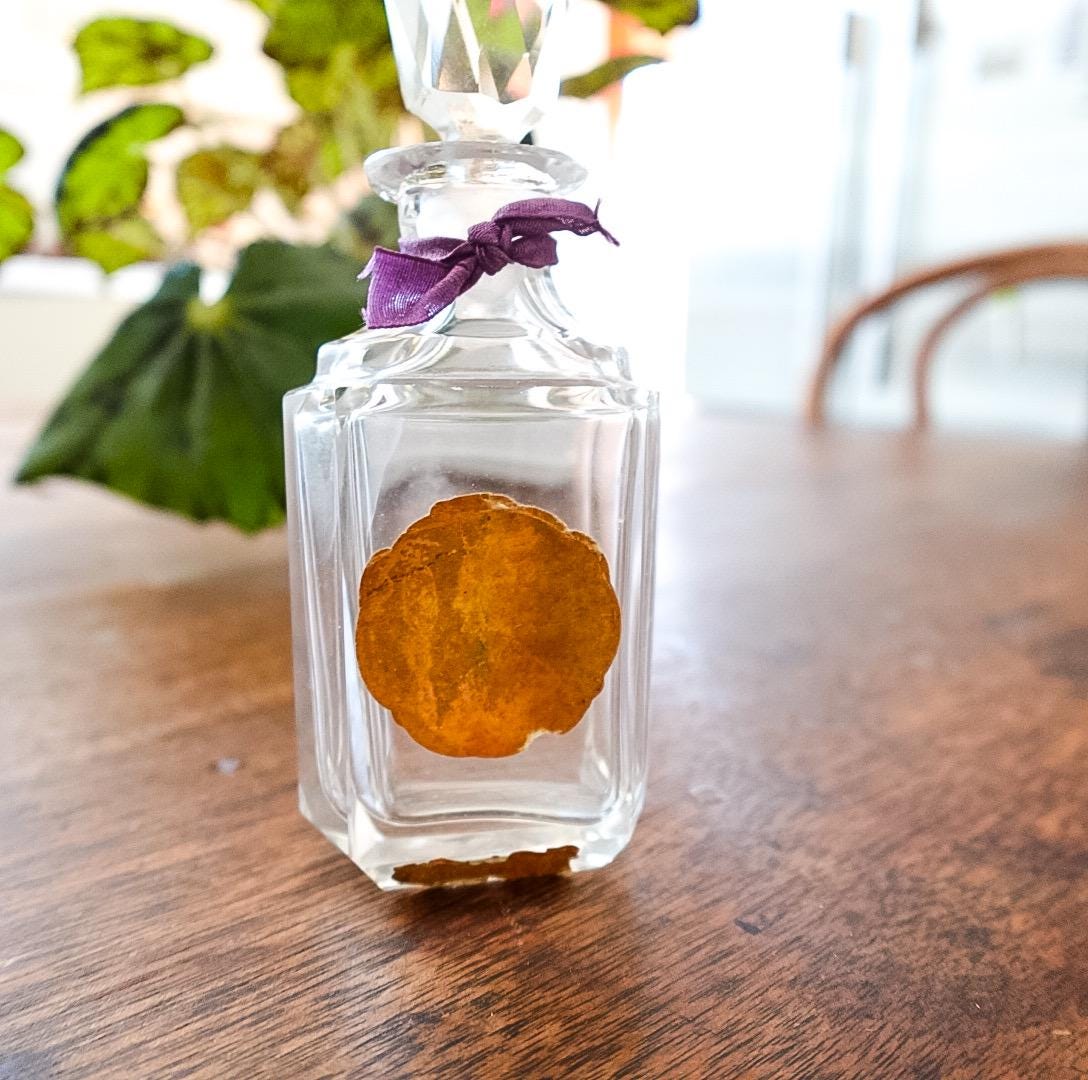 Vintage Perfume Bottle Set: Clear Glass Bottles in Purple Silk Box