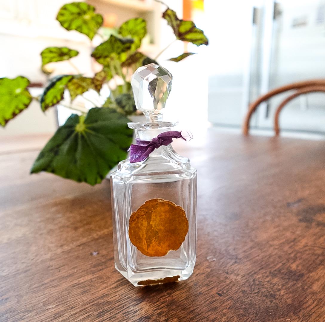 Vintage Perfume Bottle Set: Clear Glass Bottles in Purple Silk Box