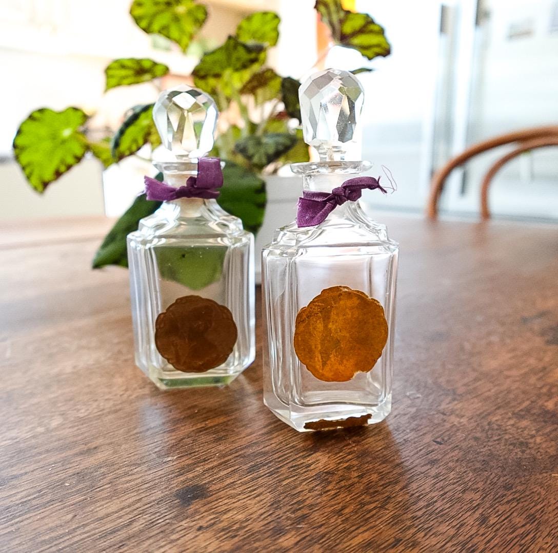 Vintage Perfume Bottle Set: Clear Glass Bottles in Purple Silk Box