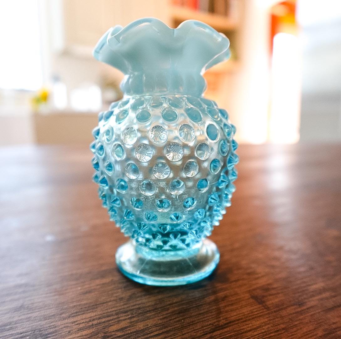 Vintage Fenton Blue Hobnail Vase: Mid-Century Ruffled Art Glass