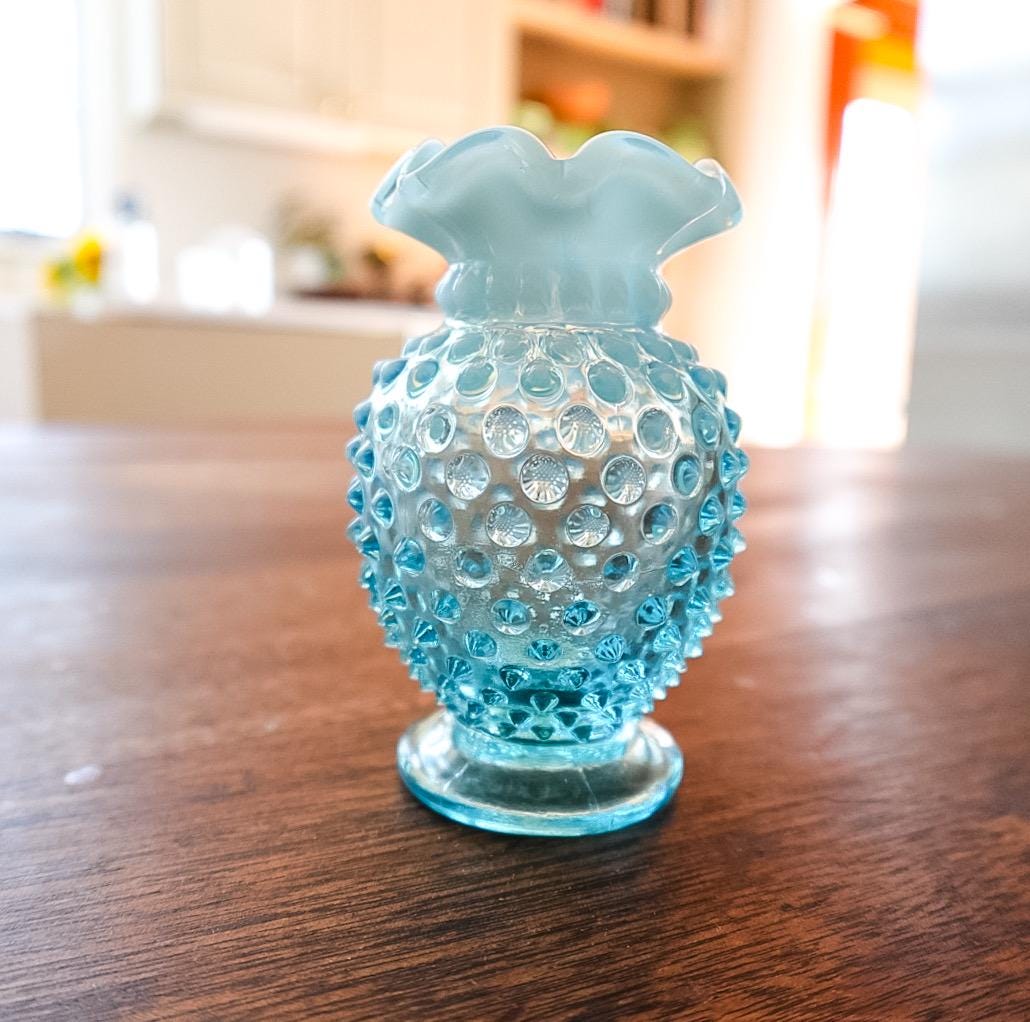Vintage Fenton Blue Hobnail Vase: Mid-Century Ruffled Art Glass