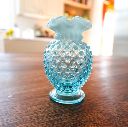 Vintage Fenton Blue Hobnail Vase: Mid-Century Ruffled Art Glass