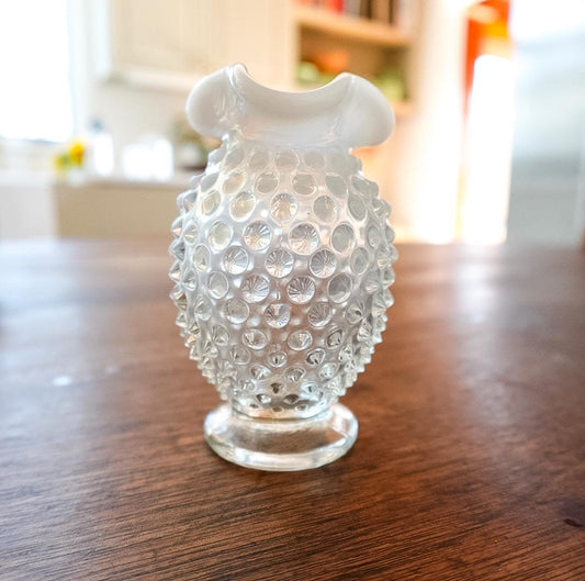 Vintage Fenton Milk Glass Bud Vase: Hobnail Ruffled Edge, Mid-Century Decor