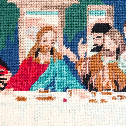Framed Last Supper Needlepoint: Mid-Century Religious Textile Art (19x36