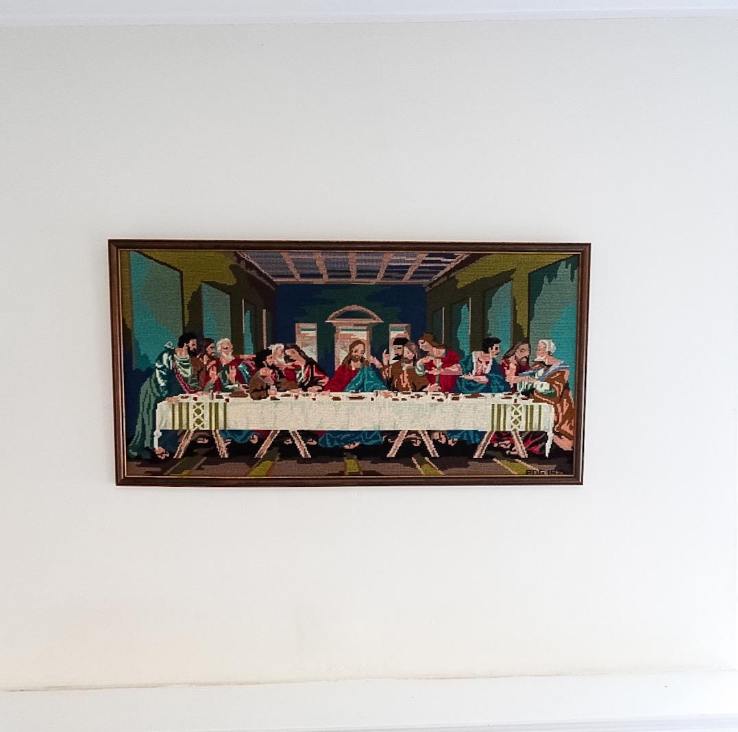 Framed Last Supper Needlepoint: Mid-Century Religious Textile Art (19x36