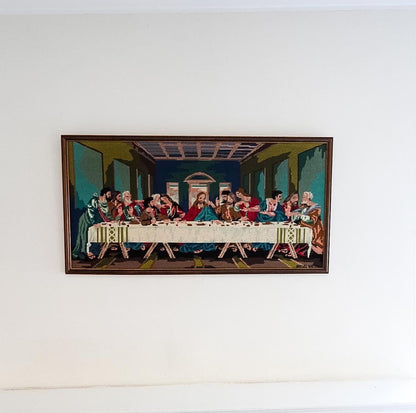 Framed Last Supper Needlepoint: Mid-Century Religious Textile Art (19x36