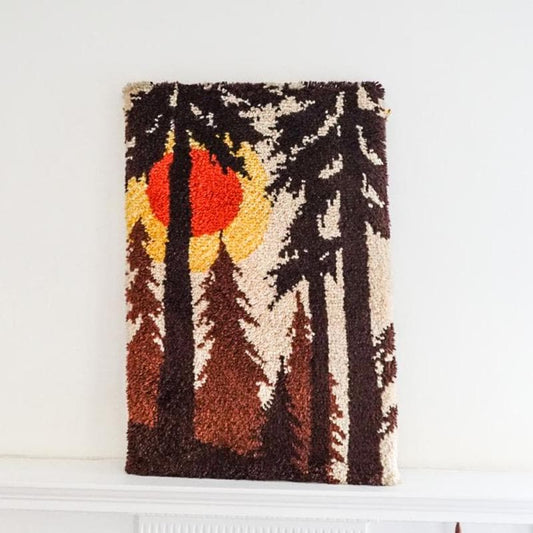 1970s Latch Hook Sunset Forest Tapestry: Mid-Century Modern Wool Wall Hanging
