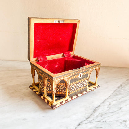 Vintage Inlaid Wooden Marquetry Jewelry Box with Arched Detail – Geometric Mosaic Design