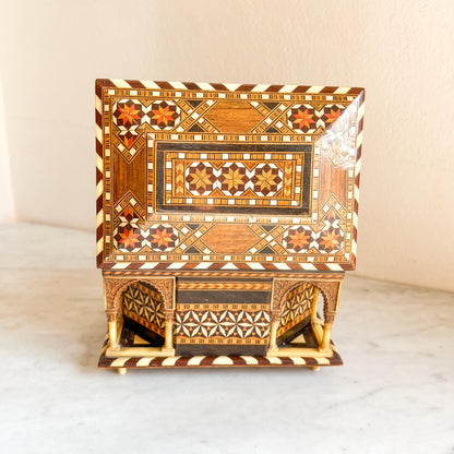 Vintage Inlaid Wooden Marquetry Jewelry Box with Arched Detail – Geometric Mosaic Design