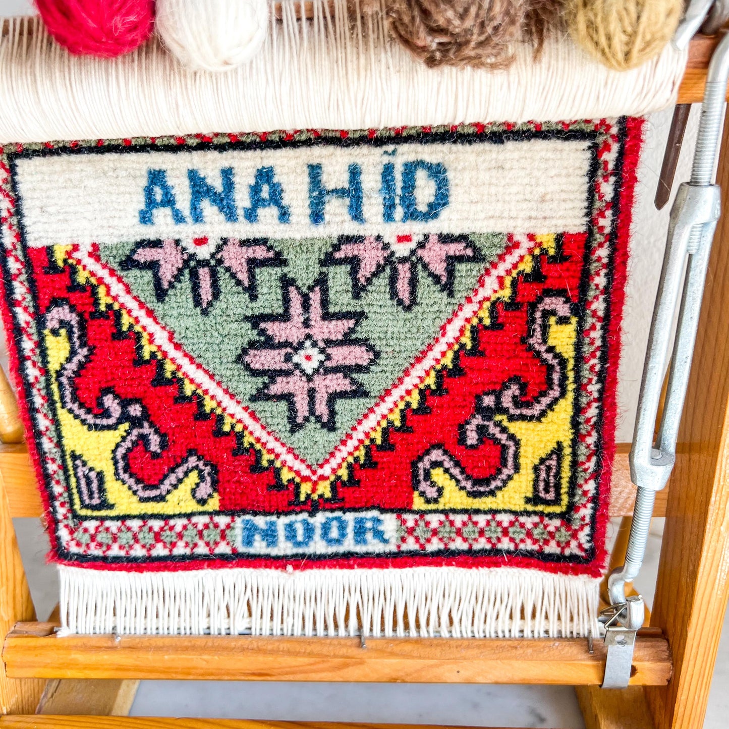 Vintage Miniature Weaving Loom with “Anahid Noor” Woven Panel – Armenian Goddess & Light