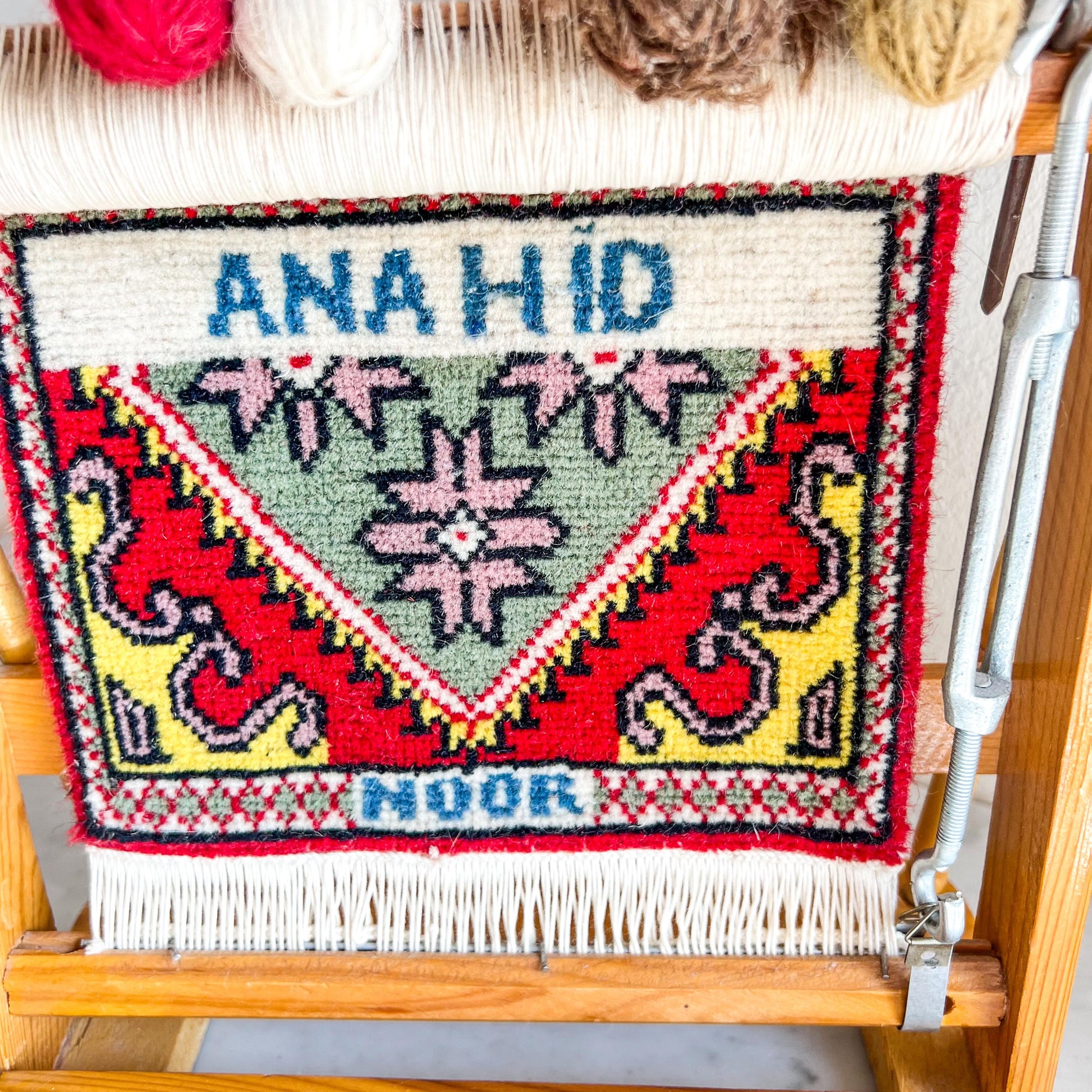 Vintage Miniature Weaving Loom with “Anahid Noor” Woven Panel – Armenian Goddess & Light