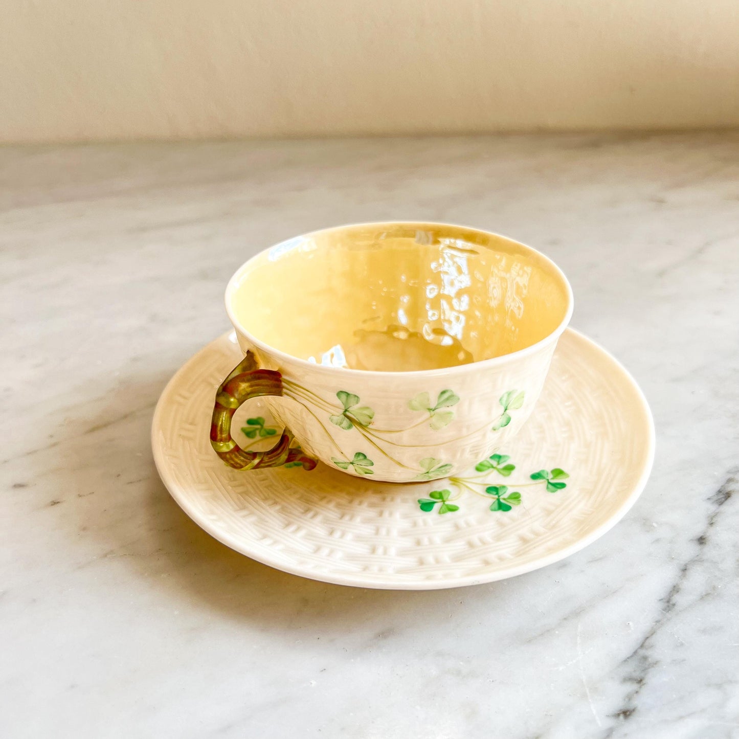 Belleek Shamrock Cup & Saucer, Vintage Irish Porcelain Teacup, Basket Weave and Hand Painted Shamrocks