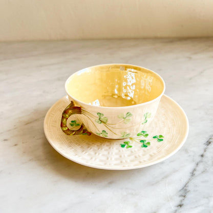 Belleek Shamrock Cup & Saucer, Vintage Irish Porcelain Teacup, Basket Weave and Hand Painted Shamrocks